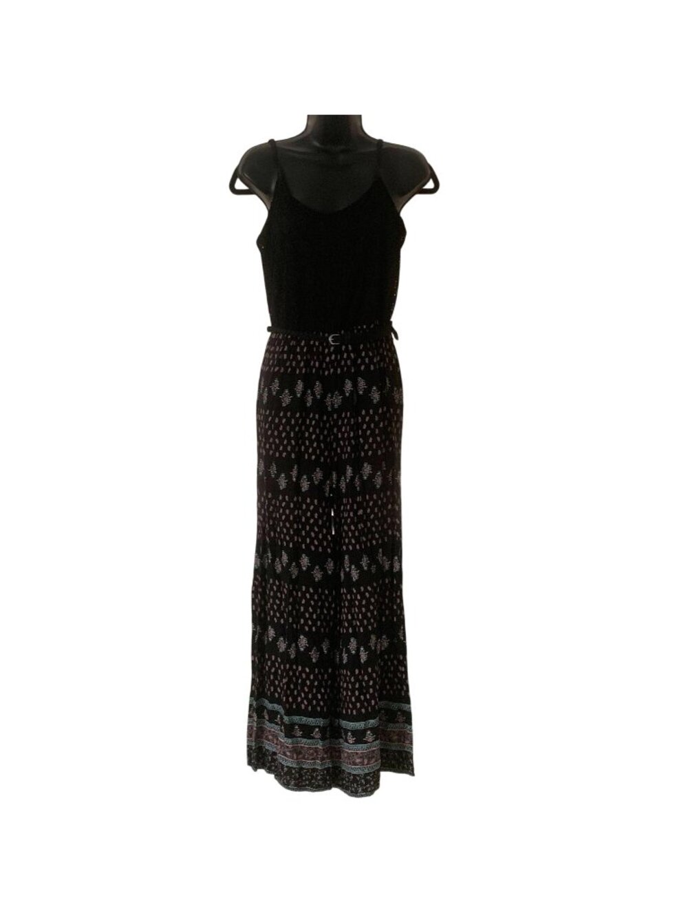 Boho Black Crochet Top Wide-Leg Jumpsuit With Patterned Palazzo Pants & Belt Wom